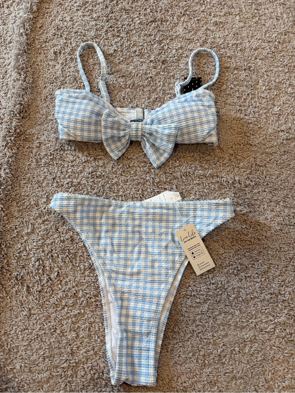 Cupshe Blue and White Gingham High-Cut Bikini Bottom
